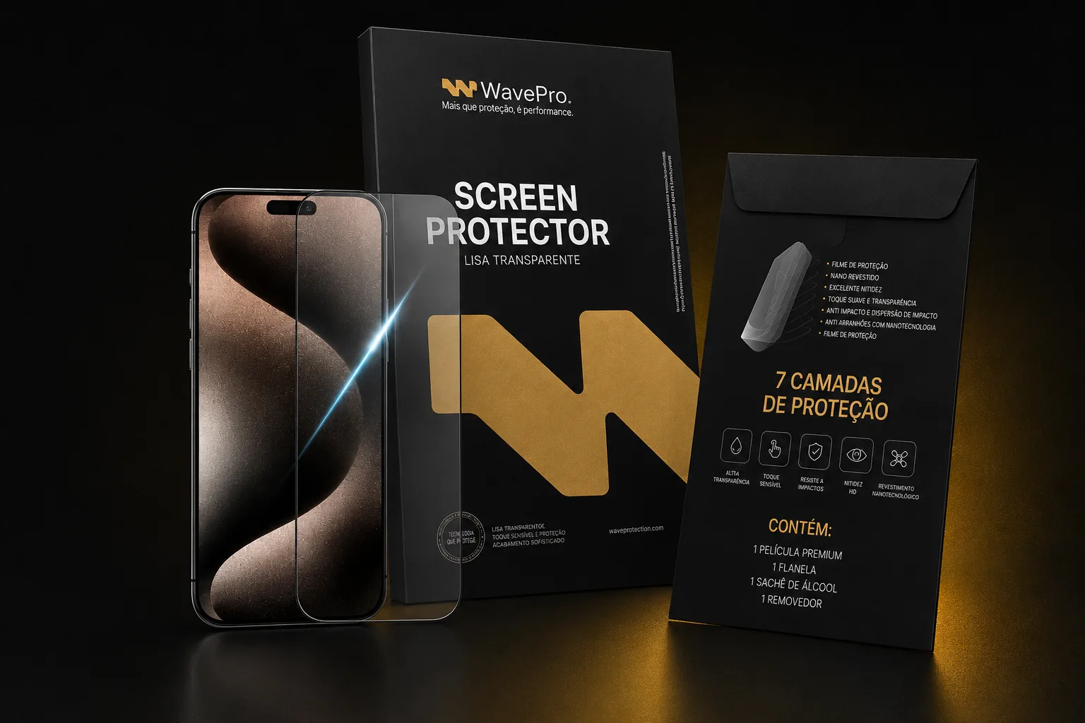 Kit WavePro Screen Protector com embalagem premium e iPhone